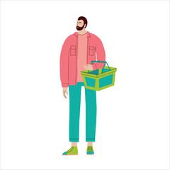 The man is shopping. The guy with the grocery basket. Vector illustration in cartoon style