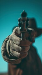 Representation of a cowboy with a firm gesture pointing his gun and a focused and determined look. Low angle close-up of a cowboy's tense and impending duel.