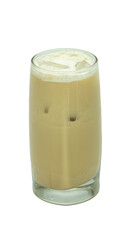 Latte macchiato coffee in a transparent glass cup with ice cubes isolated on a white background 