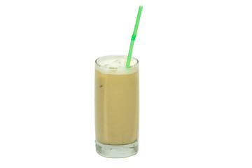 Male hand reaching to grab glass of coffee isolated on a white background, latte macchiato