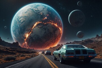 Car Driving Down Road Next to Planet. Generative AI.