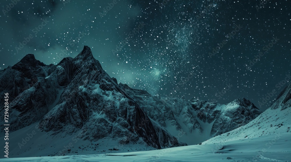 Sticker a snowy mountain covered in snow under a night sky filled with stars and a bright star filled sky ab