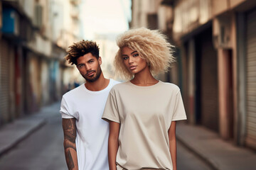 Man and woman wearing blank white and beige t-shirt - Powered by Adobe