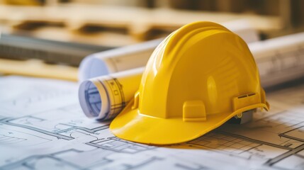 yellow construction helmet placed on a rolled-up blueprint, atop a flat blueprint.