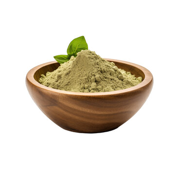 pile of finely dry organic fresh raw basil powder in wooden bowl png isolated on white background. bright colored of herbal, spice or seasoning recipes clipping path. selective focus