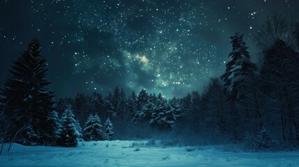 Naklejka premium the night sky is filled with stars and the trees are covered in snow and snowflakes are in the foreground and in the foreground are snow - capped evergreens.