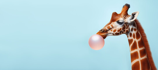 Modern art collage. Concept giraffe with bubble gum on color background. Funny animals. - obrazy, fototapety, plakaty