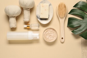 Fototapeta na wymiar Bath accessories. Flat lay composition with personal care products on beige background