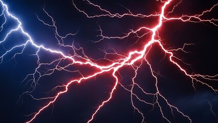lightning in the night sky  A striking image of a lightning bolt with positive and negative ions. The lightning is bright  