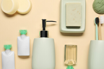 Bath accessories. Flat lay composition with personal care products on beige background