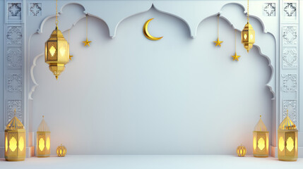 ramadan lanterns decorative background, for holy month, with moon, islamic design, arabic culture, celebration, white background, with copy space for text - obrazy, fototapety, plakaty