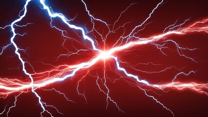 lightning in the night sky Red and blue lightning bolts create a dazzling display of energy and color as they converge at a central point. 