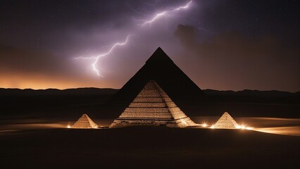 pyramid in the night A cosmic dance of forces, where the pyramid and lightning are partners. The pyramid is brown and ancient 
