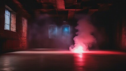 A smoke filled room with a concrete floor and brick walls. A neon light and a spotlight  