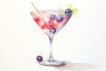 Alcoholic cocktail in an elegant glass wine glass with green spicy mint leaves, blueberries, ice and juice on a light background