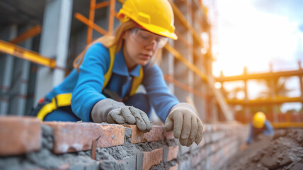 A female construction worker working on a brick wall at a construction site, joint effort to achieve a common goal, teamwork.