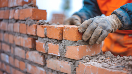 The hands of a construction worker placing bricks to build a wall, teamwork to build housing projects.