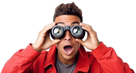 Surprised guy looking through binoculars, cut out