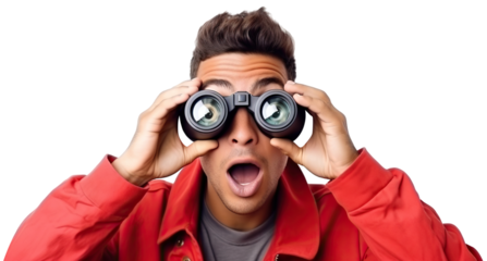 Surprised guy looking through binoculars, cut out