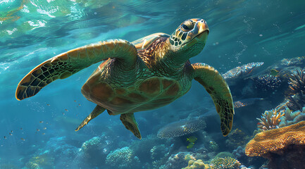 a large green sea turtle swimming underwater around c