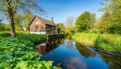 Fototapeta na wymiar A peaceful non-urban cottage nestles beside a babbling brook. The gentle flow of water and the rustle of leaves create a soothing melody in this idyllic countryside escape.