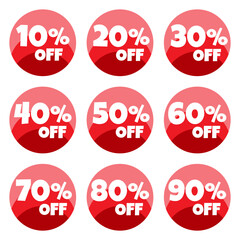 Special offer sale red tags set. Discount offer price labels for advertising campaign in retail. 10%,20%,30%,40%,50%,60%,70%,80%,90% off discount stickers.