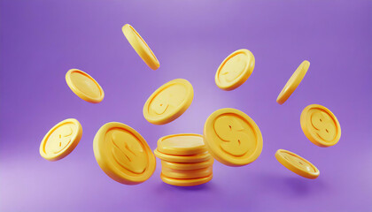 3d Coins motion on purple background, coin icon symbol. 3d render illustration