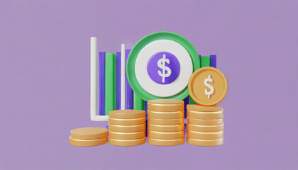 3D Coin with bar chart icon, profit-investment summary, business, and financial concept. 3d render illustration.
