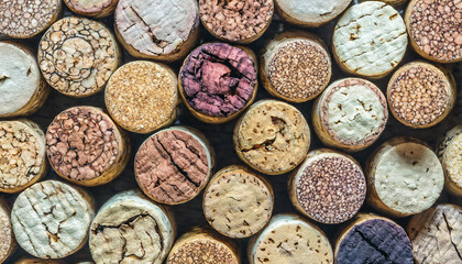 Wine corks Pattern. Various wooden wine corks as a Background. Food and drink concept .