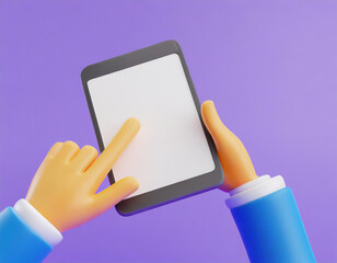 3D Cartoon hand holding tablet isolated on purple background, Hand using tablet mockup. 3d render illustration