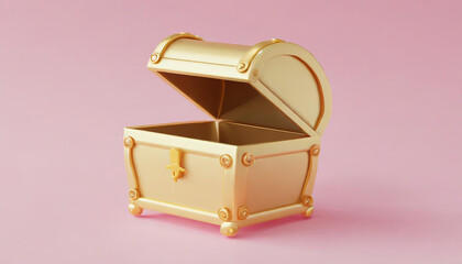 3D Golden chest icon on pink background. Open treasure box offer concept. Cartoon minimal cute smooth. 3d render illustration