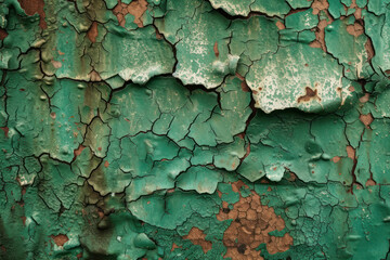 Rusty green painted metal with cracked paint, texture color grunge background, horizontal