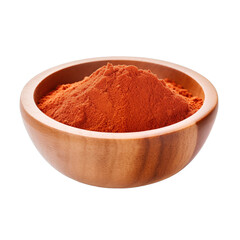 pile of finely dry organic fresh raw african bird's eye chili powder in wooden bowl isolated on white background. bright colored of herbal, spice or seasoning recipes clipping path. selective focus
