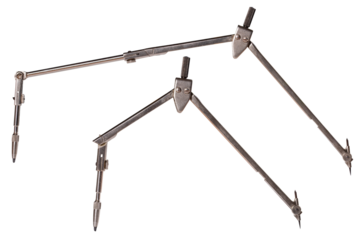 A compass with a long arm for drawing circles on paper with a pencil tip. Isolated background.