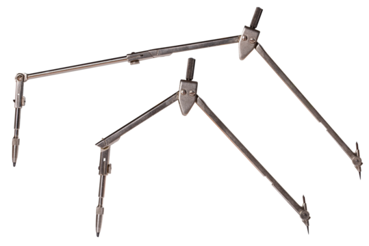 A compass with a long arm for drawing circles on paper with a pencil tip. Isolated background.