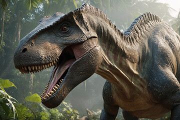Dangerous roaring dinosaur in prehistoric age - obrazy, fototapety, plakaty