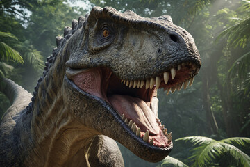 Obraz premium Dangerous roaring dinosaur in prehistoric age