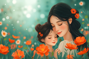 Illustration for Mother's Day, daughter and mother look at each other.