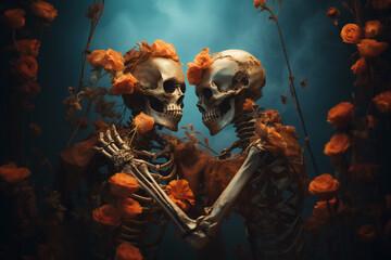 Two skeletons hugging among roses. 