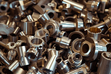 A pile of metal parts, CNC machine blanks. Pile of many CNC turning engineering parts