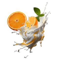 realistic fresh ripe orange with slices falling inside swirl fluid gestures of milk or yoghurt juice splash png isolated on a white background with clipping path. selective focus - obrazy, fototapety, plakaty