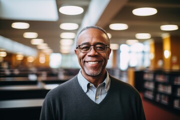 Fototapeta premium Portrait of a smiling senior man in a library