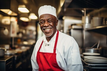 Smiling portrait of a senior chef in restaurant kitchen