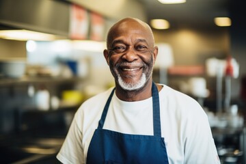 Smiling portrait of a senior chef in restaurant kitchen