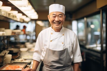 Smiling portrait of a senior sushi chef in restaurant kitchen