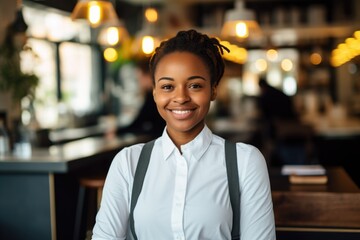 Fototapeta premium Smiling portrait of a young waitress in cafe or bar