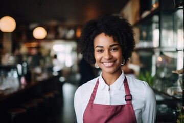 Smiling portrait of a young waitress in cafe or bar - obrazy, fototapety, plakaty