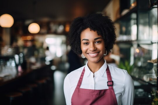 Smiling portrait of a young waitress in cafe or bar