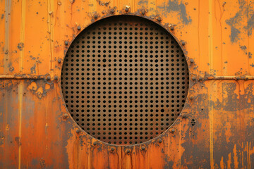 Abstract metal background with geometric holes in a circle and texture rust orange-brown with spots. The horizontal frame