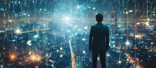 Businessman on high building office with future network city digital connection. AI generated image